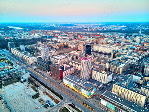 WARSAW, POLAND - APRIL 07, 2019: Beautiful panoramic aerial drone view to the center of Warsaw City in the sunset time in spring © udmurd