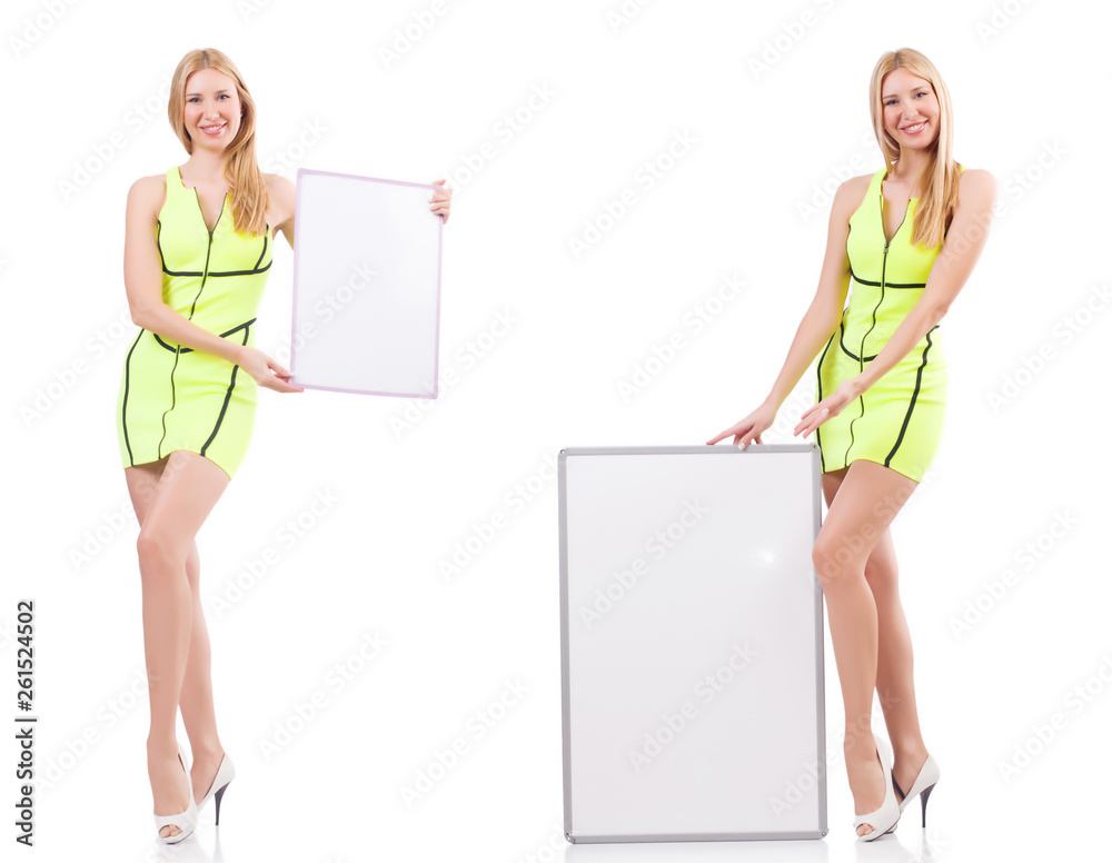 Beautiful woman holding whiteboard isolated on white Beautiful woman holding whiteboard isolated on white