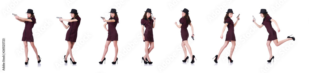 Woman gangster with handgun on white Woman gangster with handgun on white