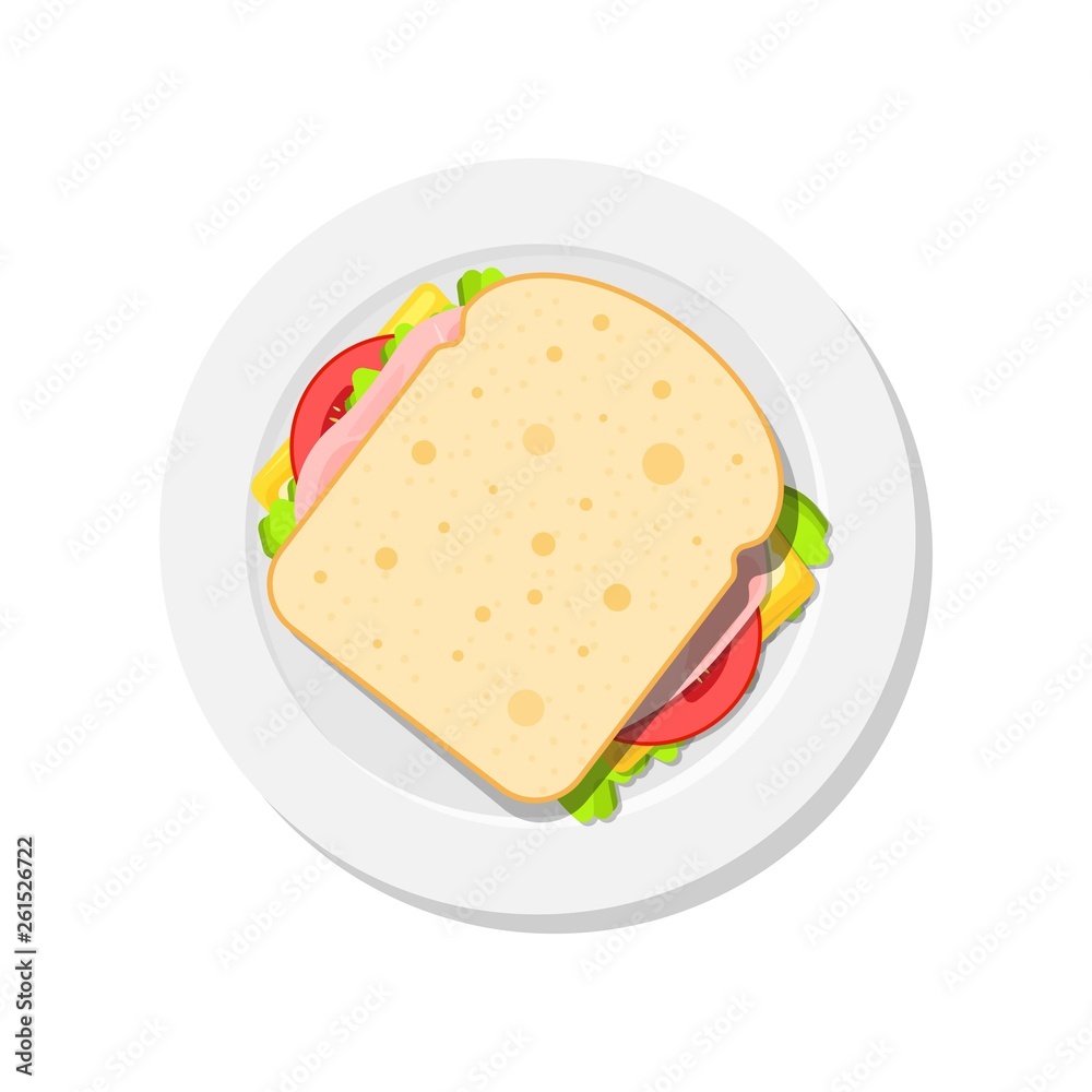 Sandwich on plate top view. Slice of bread with cheese, tomato, salad, ham. Template for web design, brochure printing, food presentation or menu.