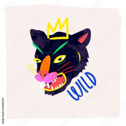 Abstract neon wild panther with crown. Hand drawn trendy illustration. Colorful logo. Perfect for textile print