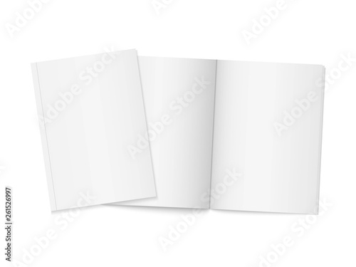 Two realistic blank books. Vertical brochure page, notebook, magazine, booklet, brochure, cover. Mock up template for your design. Blank paper for graphic, creative, business, education.