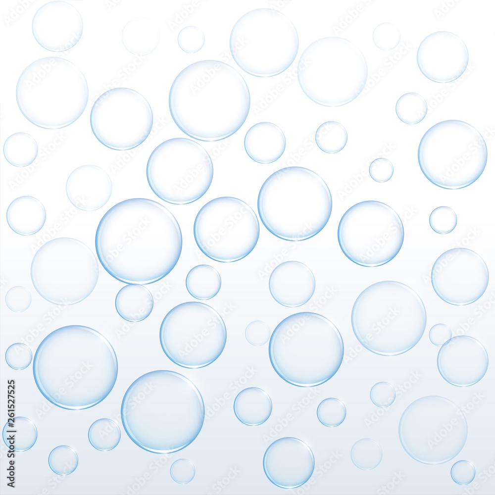 blue soap water bubbles floating on white background