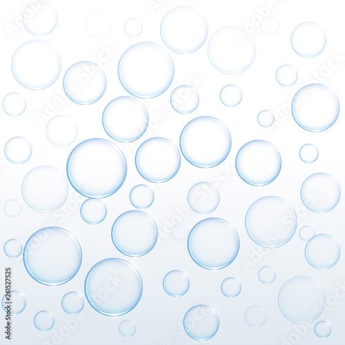 blue soap water bubbles floating on white background