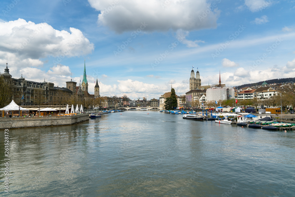 Zurich cityscape with the river Limmat during the traditional spring festival of Sechselauten in April