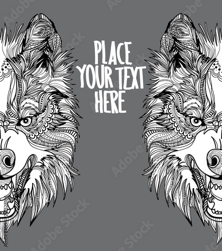 The head of a wolf. Grin with fangs. Drawing manually in vintage style. Meditative coloring for children. Arrows, points, patterns, scales, strokes, wool. Predator, logo.