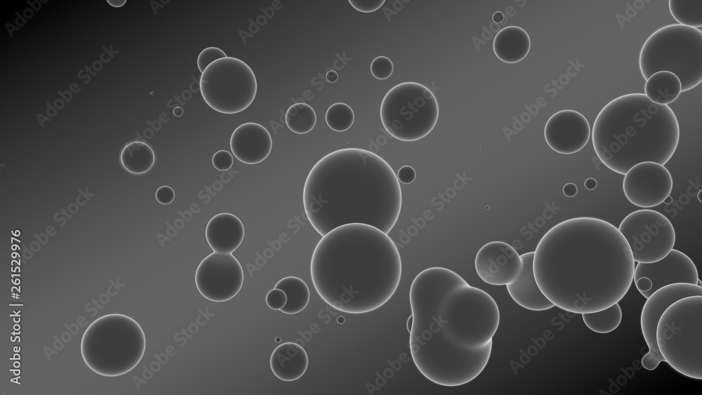 3D rendering of a set of gray droplets glowing on a gradient background with diagonal stripes. Drops coalesce, scattered in the space randomly. abstraction, 3D illustration. 3D rendering of a set of gray droplets glowing on a gradient background with diagonal stripes. Drops coalesce, scattered in the space randomly. abstraction, 3D illustration.