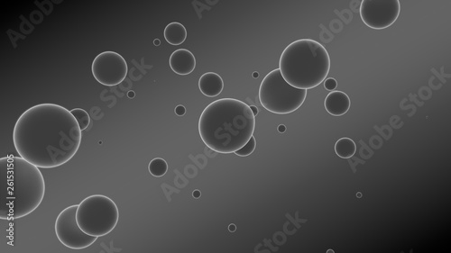 3D rendering of a set of gray droplets glowing on a gradient background with diagonal stripes. Drops coalesce, scattered in the space randomly. abstraction, 3D illustration.