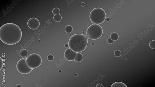 3D rendering of a set of gray droplets glowing on a gradient background with diagonal stripes. Drops coalesce, scattered in the space randomly. abstraction, 3D illustration.