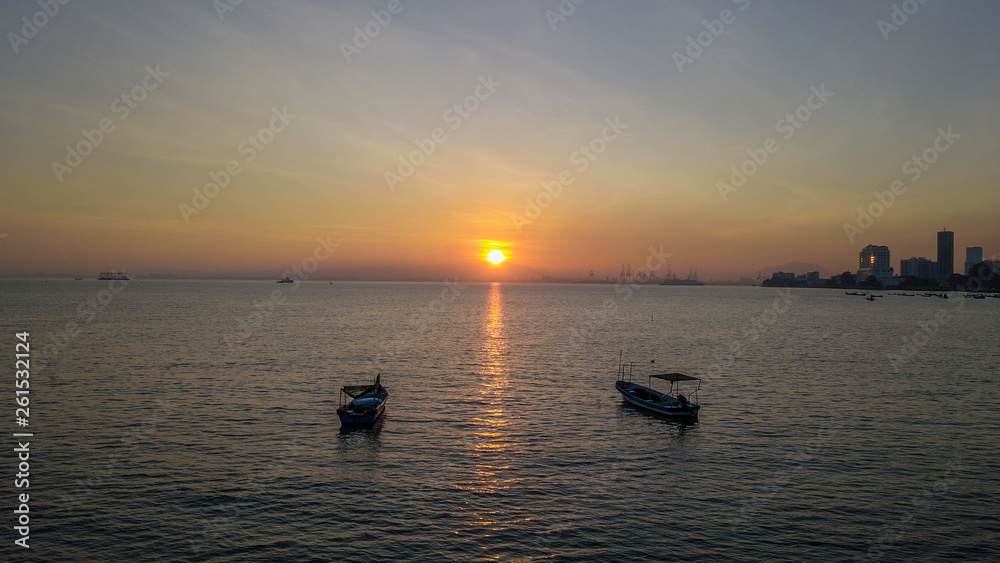 beautiful sunrise in Penang Malaysia during sunrise taken by drone