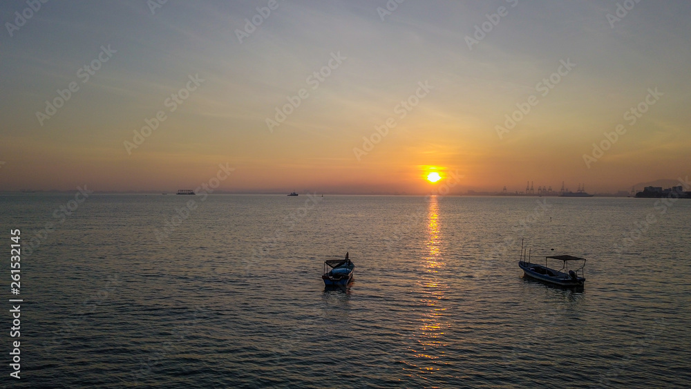 beautiful sunrise in Penang Malaysia during sunrise taken by drone