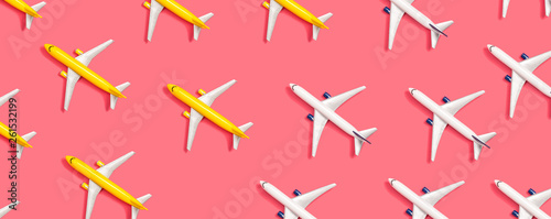 Toy miniature airplanes overhead view flat lay