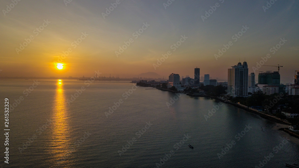 Aerial view of penang during sunrise early in the morning