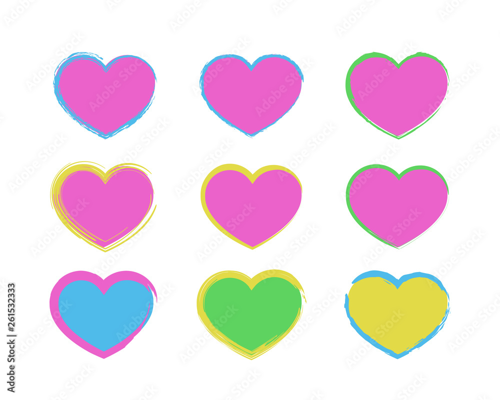 Hearts with torn edges. Fashionable bright colors: pink, blue, green, yellow. Vector illustration.