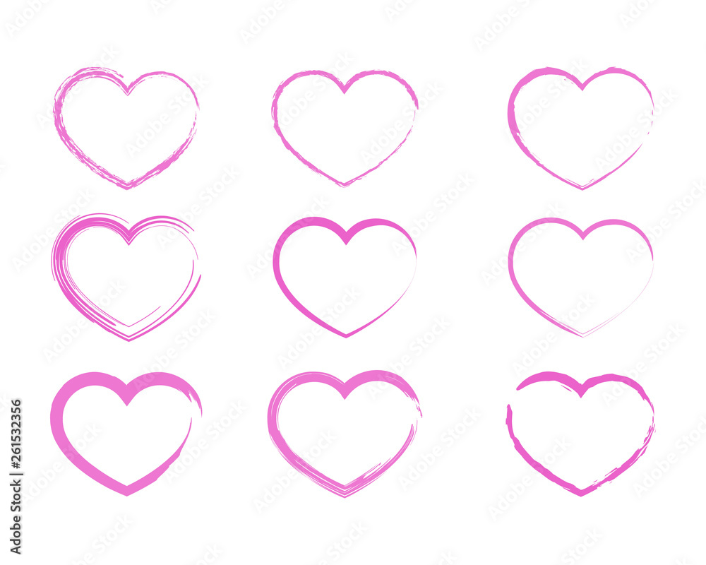 Grunge pink hearts in the shape of a stroke. Fashionable color. Vector illustration.
