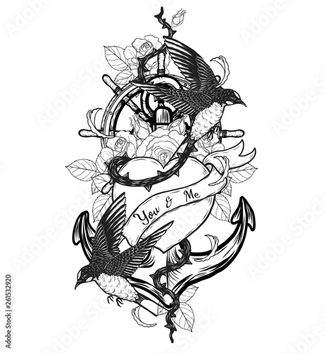 swallows with heart vector tattoo by hand drawing.Beautiful bird on rose background.Black and white graphics design art highly detailed in line art style.Swallows for tattoo or wallpaper.