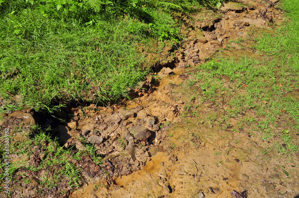 Land destruction by soil erosion after rain Land destruction by soil erosion after rain