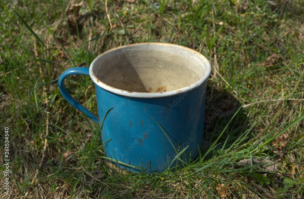 Obraz premium Old enamel metal battered mug grass garden