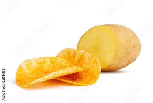 Isolated half of potatoes and crispy potato chips on white background