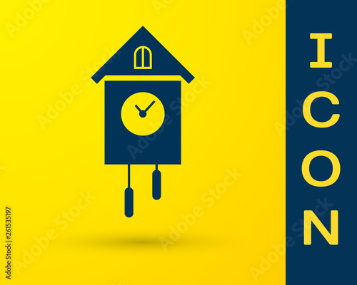 Blue Retro wall watch icon isolated on yellow background. Cuckoo clock sign. Antique pendulum clock. Vector Illustration