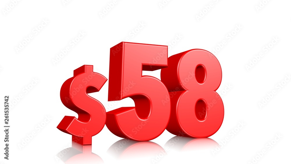 58$ fifty eight price symbol. red text 3d render with dollar sign on white background 58$ fifty eight price symbol. red text 3d render with dollar sign on white background