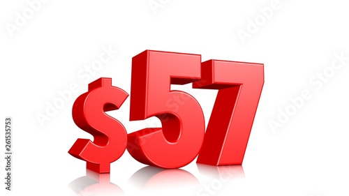 57$ fifty seven price symbol. red text 3d render with dollar sign on white background