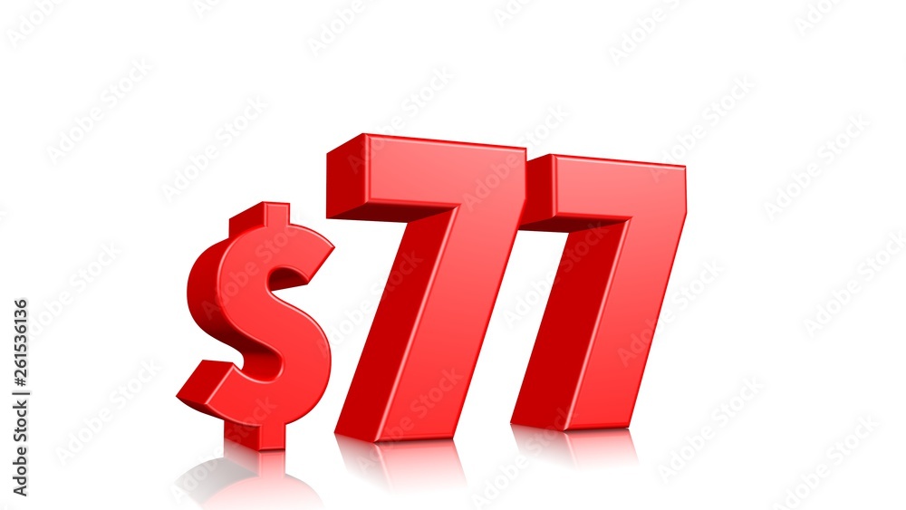 77$ seventy seven price symbol. red text 3d render with dollar sign on white background 77$ seventy seven price symbol. red text 3d render with dollar sign on white background