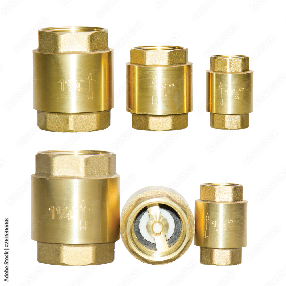 Check valve opper fitting of metal, isolate on white background, a set of six pieces of different size, quarter inches, with a turnkey thread, with a rubber valve. One inch, half and quarter size. Check valve opper fitting of metal, isolate on white background, a set of six pieces of different size, quarter inches, with a turnkey thread, with a rubber valve. One inch, half and quarter size.
