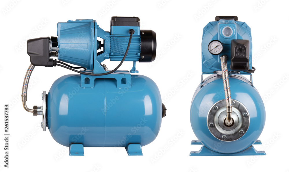 Automatic water supply station, water supply, relay hoses wire. Isolate white background. Iron pump casing, pressure sensor. Blue color. Application private homes, country house, village, cottage. Automatic water supply station, water supply, relay hoses wire. Isolate white background. Iron pump casing, pressure sensor. Blue color. Application private homes, country house, village, cottage.