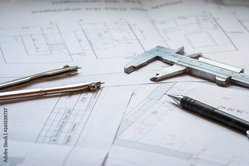 Engineering tools on architecture plan drawing. Engineering tools on architecture plan drawing.