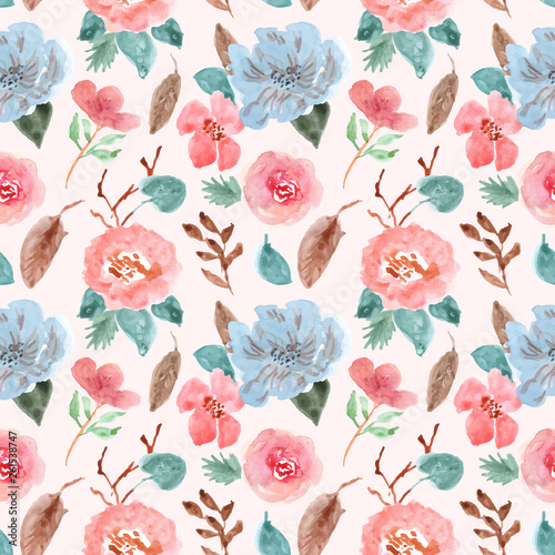 blue pink floral watercolor seamless pattern © tirtafloo