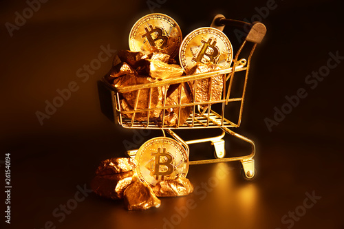 Concept of bitcoin coins and gold stones. Close-up.