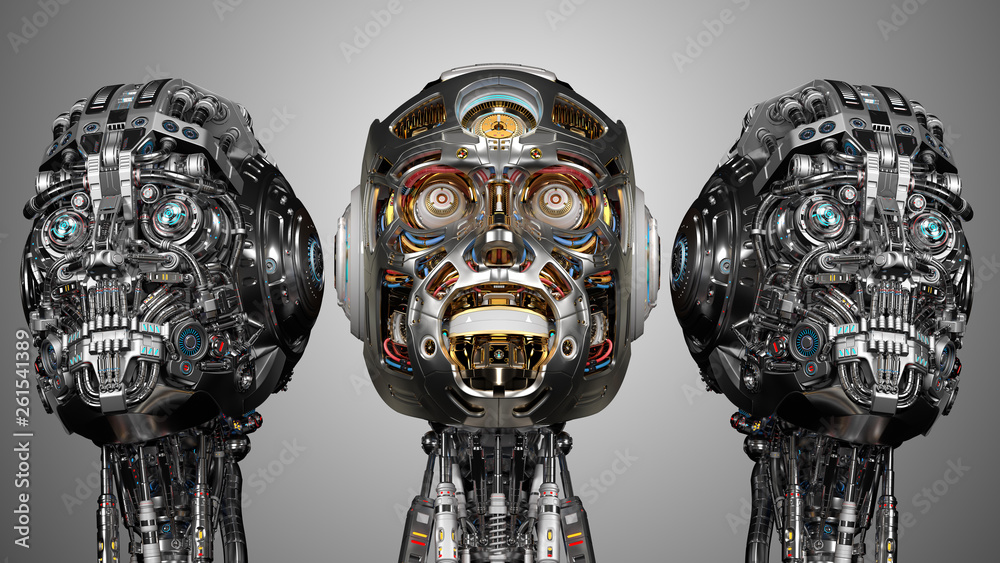 three detailed robot heads or futuristic cyborg faces isolated on gray  background. 3d render ilustración de Stock | Adobe Stock