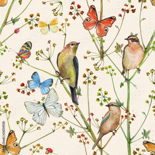 vintage nature seamless texture with birds and butterflies. watercolor painting