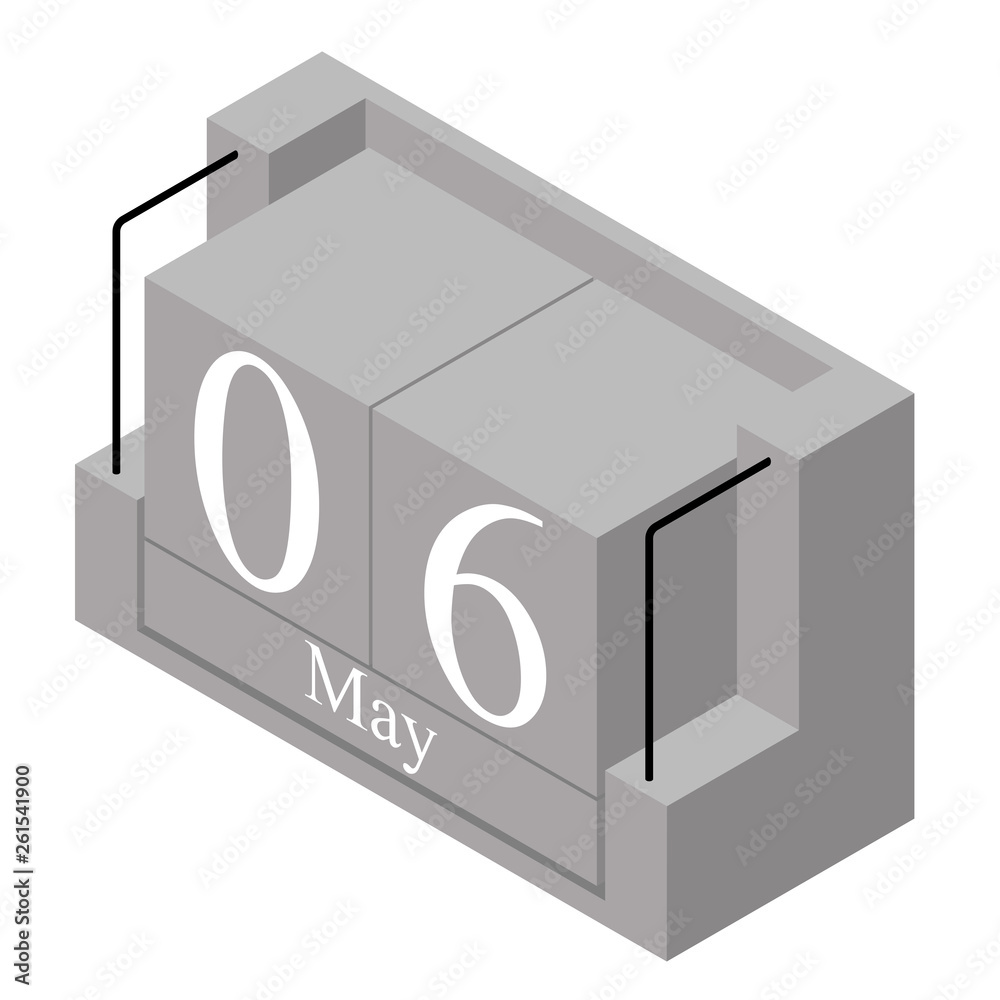 May 6th date on a single day calendar. Gray wood block calendar present date 6 and month May isolated on white background. Holiday. Season. Vector isometric illustration May 6th date on a single day calendar. Gray wood block calendar present date 6 and month May isolated on white background. Holiday. Season. Vector isometric illustration