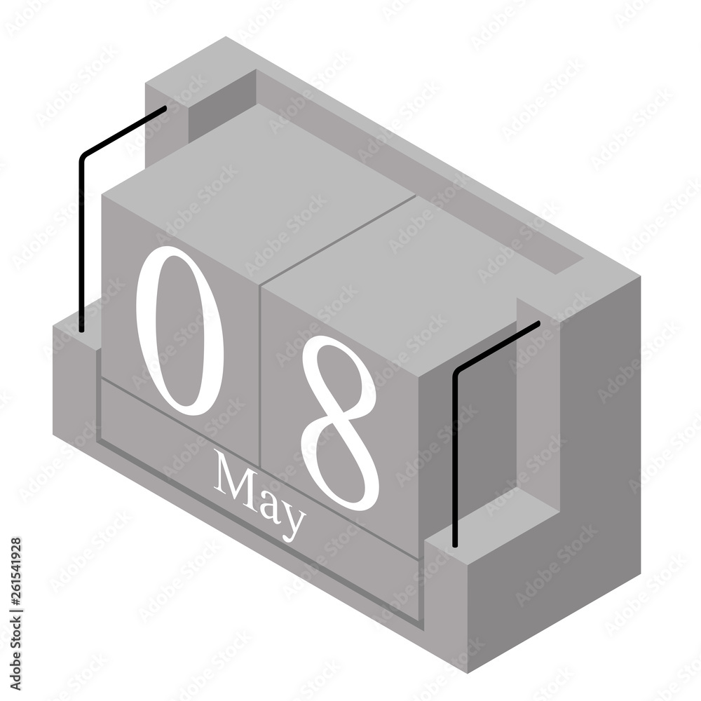 May 8th date on a single day calendar. Gray wood block calendar present date 8 and month May isolated on white background. Holiday. Season. Vector isometric illustration May 8th date on a single day calendar. Gray wood block calendar present date 8 and month May isolated on white background. Holiday. Season. Vector isometric illustration