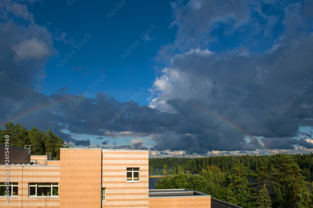 Sky rainbow forest. Sky rainbow forest on white background. Rainbow sky landscape. Rainbow background. Rainbow sunset. Beautiful blue rainbow sky.