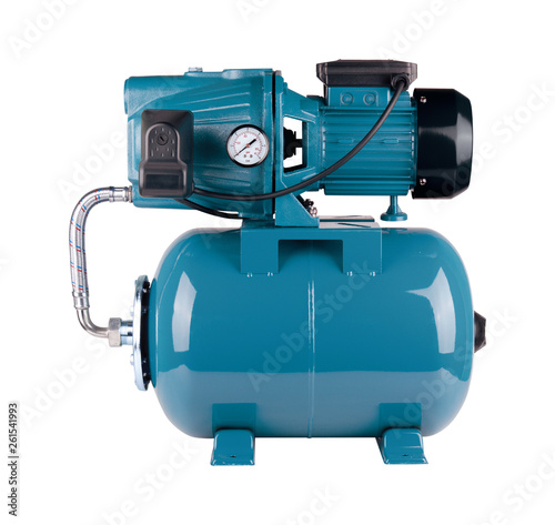 Automatic water supply station isolated white background. Metal pump casing, pressure sensor. Blue color station. Rele, cable, hose, pressure sensor. Application in homes, country village, cottage.