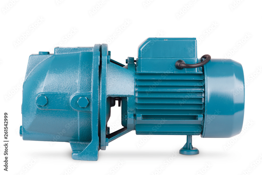 Blue pump to supply water to station water supply. Isolated white background. Metal body of pump, pressure sensor. Blue color station. Application in private homes, country house, village, cottage.