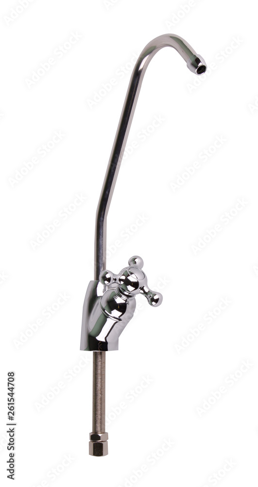 Tap for clean water. Isolated on white background. Application for osmosis purification system, water supply from purification filters for drinking. Installation for kitchen and bath. Material steel. Tap for clean water. Isolated on white background. Application for osmosis purification system, water supply from purification filters for drinking. Installation for kitchen and bath. Material steel.