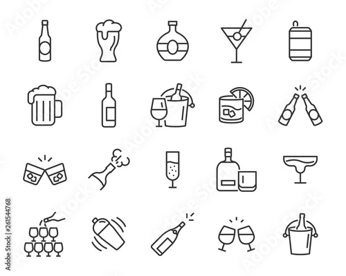 set of alcohol icons, such as wine, champagne, beer, whisky, cocktail
