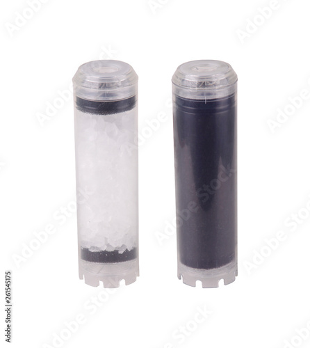Set of filters isolated white background. Foamed, pressed coal, granulated, cation exchange resin, carbon polyphosphate post filter with silver ions. Reverse Osmosis Membrane. Purifies water.