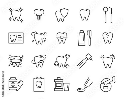 set of teeth icons, such as, tooth, dentist, clean, protect, treat, oral