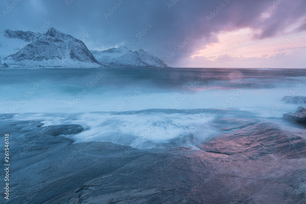 Canvas Print Amazing Sunset Over Mountain And Fjord, Winter Landscape, Norway The sun sets on the Norwegian Alps and the blue hour begins in range at Senja, Norway