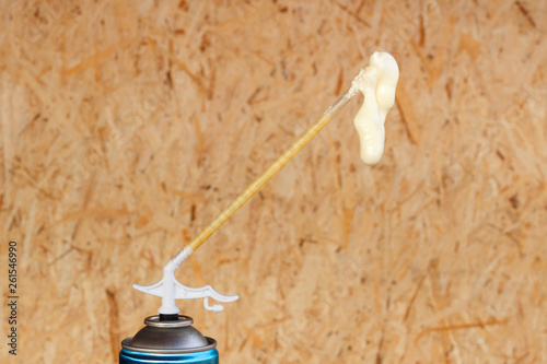 Spray can with foam which is used in construction.