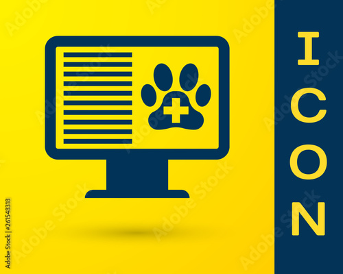 Blue Medical clinical record pet on monitor icon isolated on yellow background. Health insurance form. Prescription, medical check marks report. Vector Illustration