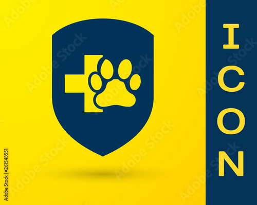 Blue Animal health insurance icon isolated on yellow background. Pet protection icon. Dog or cat paw print. Vector Illustration