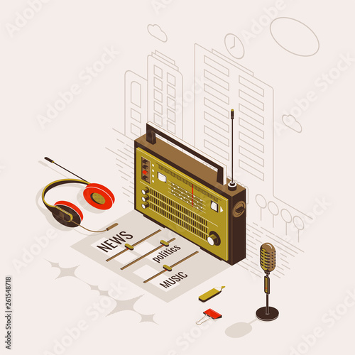 Radio show or educational program isometric flat template with microphone, radio and headphones.