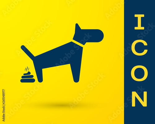 Blue Dog pooping icon isolated on yellow background. Dog goes to the toilet. Dog defecates. The concept of place for walking pets. Vector Illustration