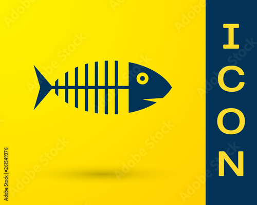 Blue Fish skeleton icon isolated on yellow background. Fish bone sign. Vector Illustration